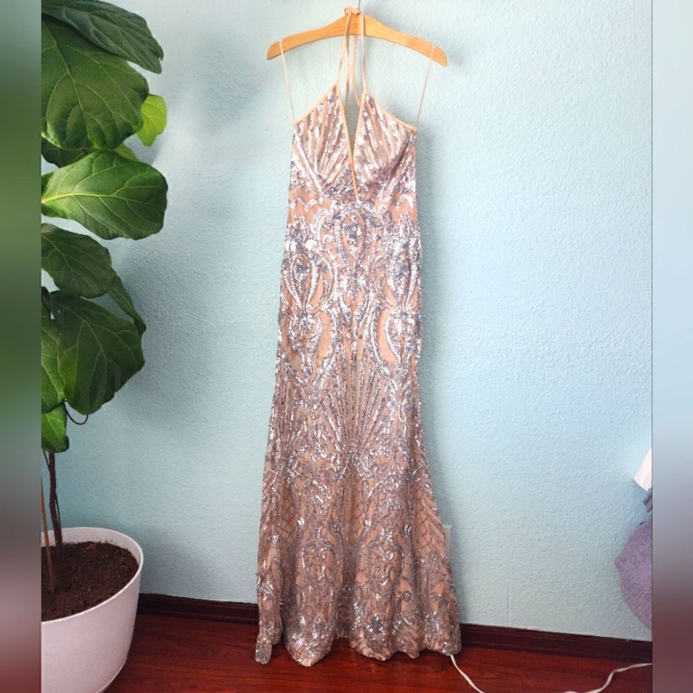 Banjul dress Hot Miami Nude Silver halter formal cocktail sequins dress